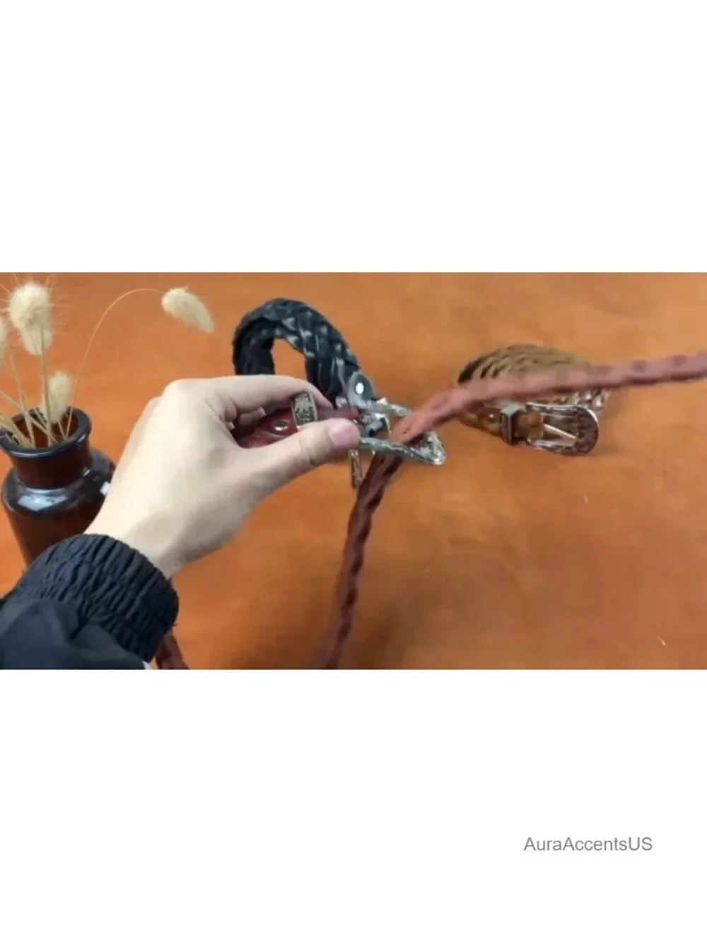 Genuine Leather Woven Western Belt with Engraved Metal Buckle